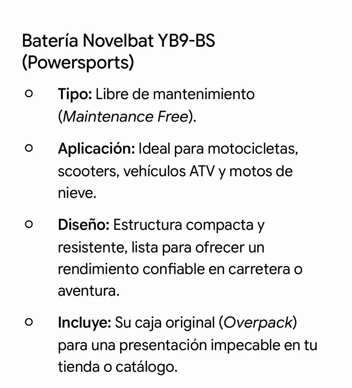 BATERIA NOVELBAT YB9-BS LIBRE MANTENCION