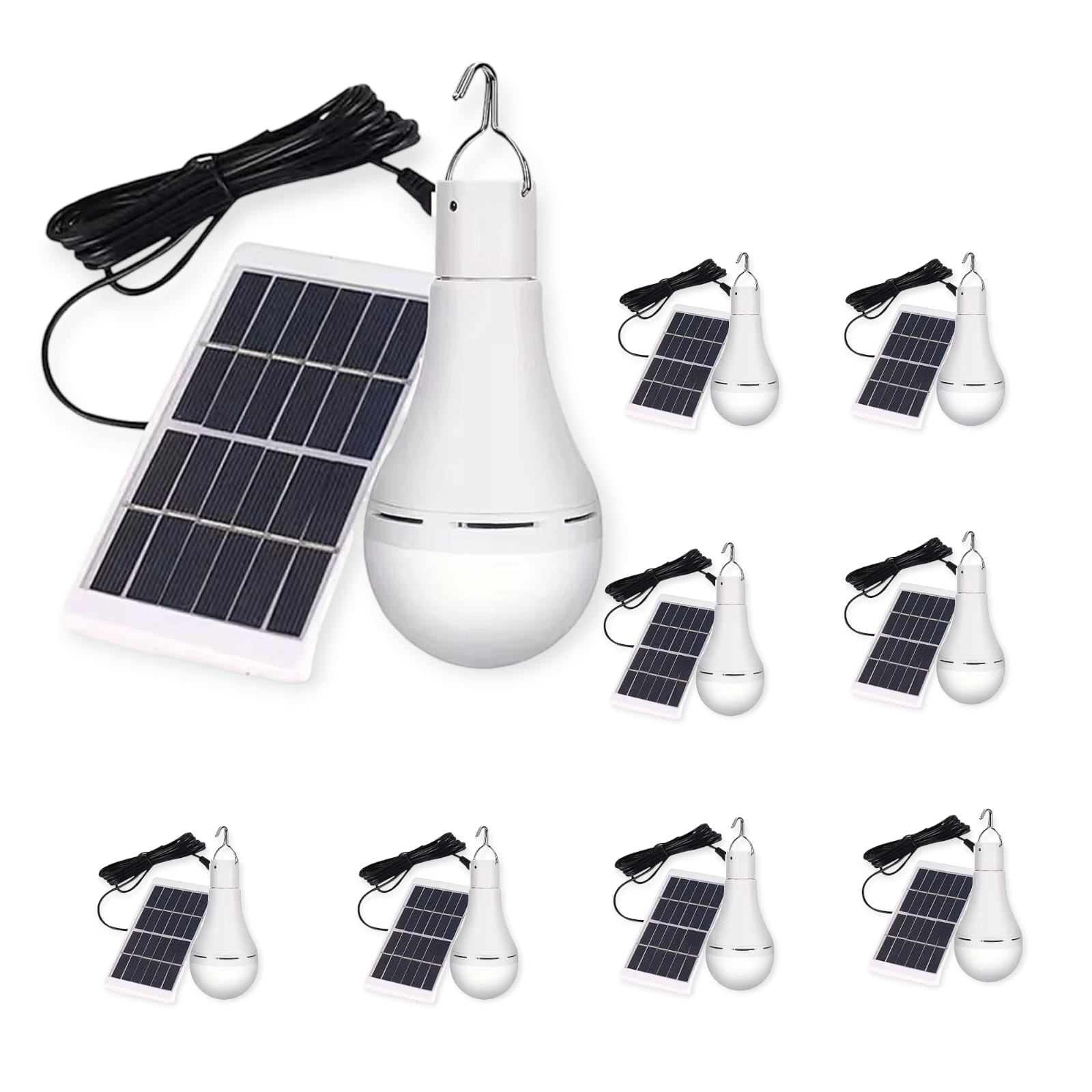 270124-7  PACK 10 UNID AMPOLLETA SOLAR Y RECARGABLE C/PANEL DESMONTABLE  CABLE 3.5M  10W LUZ BLANCA