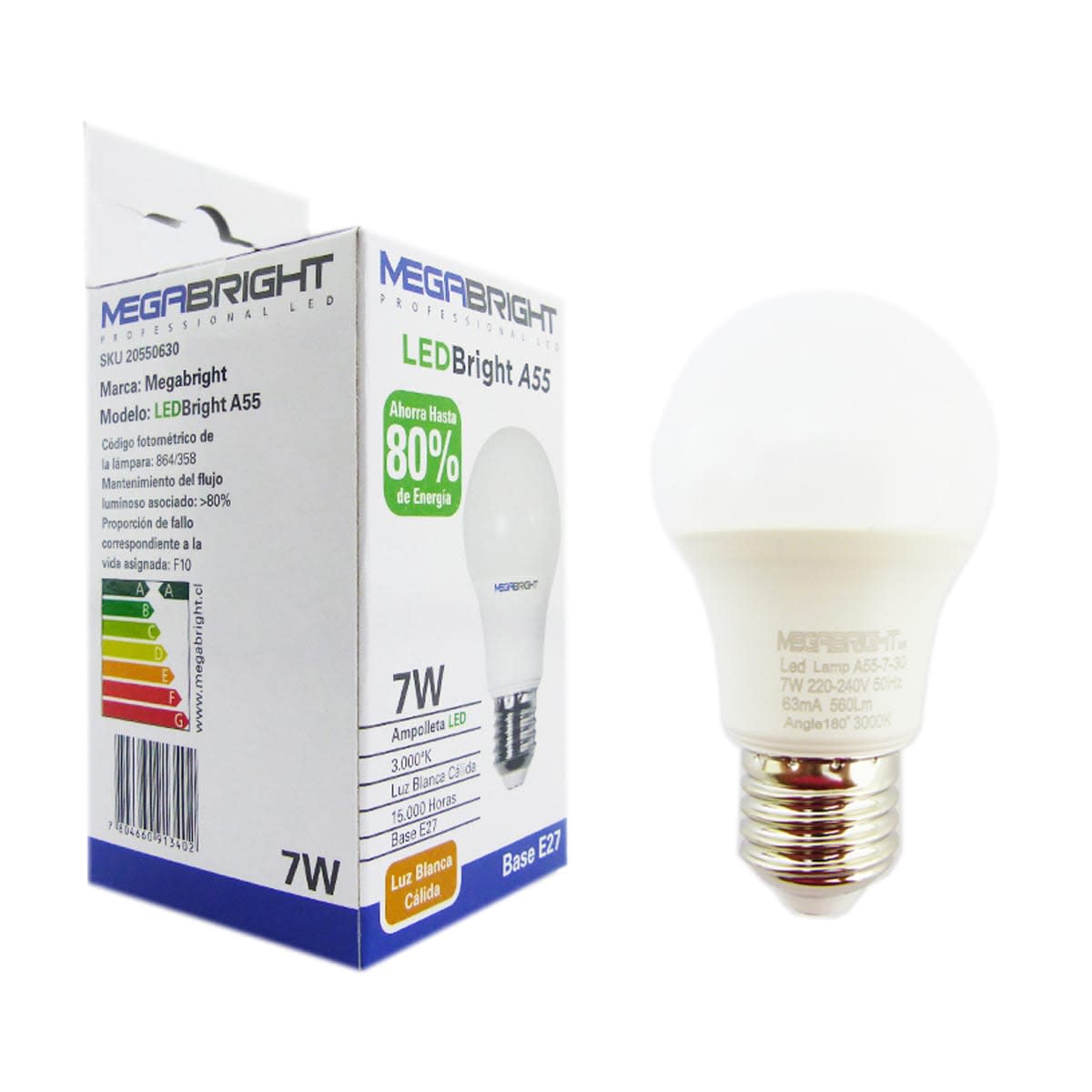 913419 AMPOLLETA LED MEGABRIGHT 7W E-27 LUZ FRIA MOD A55